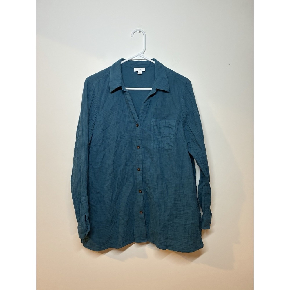 J. Jill Womens Button Down Shirt Blouse PL Petite Teal Blue Crinkle Gauze